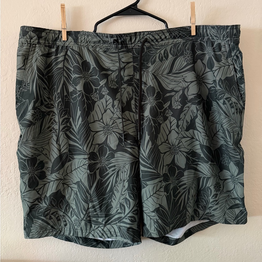 Tropical Leaf Print Swim Trunks